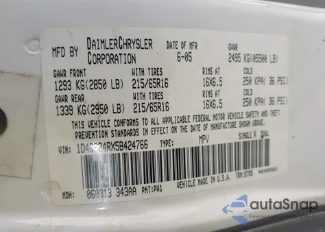 2005 Dodge Grand Caravan Se from USA, damaged, VIN 1D4GP24RX5B424766